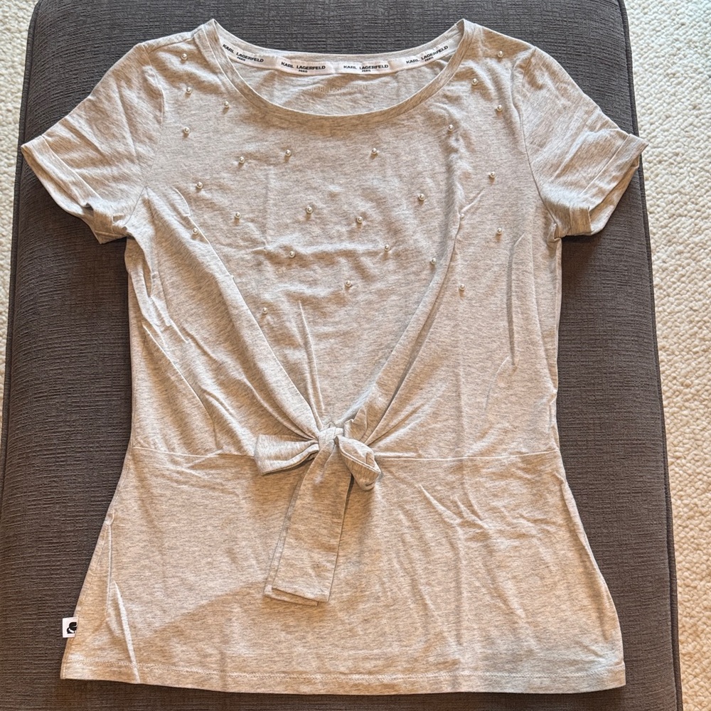 Karl Lagerfeld Gray Tie-Front Short Sleeve Tee
